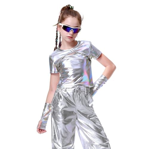 Image of LOLANTA Girls Metallic Top Kids Sparkly Disco Hip Hop Performance Tops Shiny Ballet Dance Tops with Metallic Arm Sleeves, Laser Silver, 11-12 Years, 160
