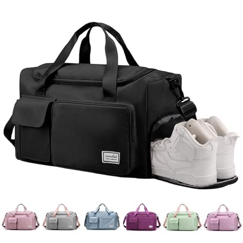 Image of RainFlowwer Travel Duffel Bag Women Men,Sports Gym Bag with Shoes Compartment,Waterproof Travel Bag Overnight Bag with Dry Wet Separated Pocket,Carry Luggage Bag Weekender,Sports,Gym,Travel (Black)