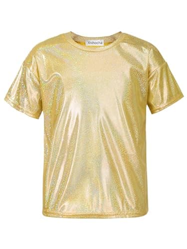 Image of Freebily Kids Boys Girls Shiny Metallic Dance Tops Short Sleeve T-Shirts Jazz Hip Hop Modern Dancewear Gold 3-4 Years