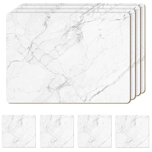 Image of AAMEN Heat Resistant Cork Marble Placemats For Dining Table Set Of 8, 4 placemats and 4 coasters in the set Marble Design Tables Mats, Waterproof & Easy Clean for Kitchen Table.