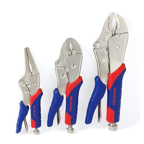 Image of WORKPRO 3-Piece Locking Pliers Set, Cr-V Steel Mole Grips, Quick-Release & Self-Locking with Soft Handle, 250 mm & 180 mm Curved Jaw, 165 mm Straight Jaw