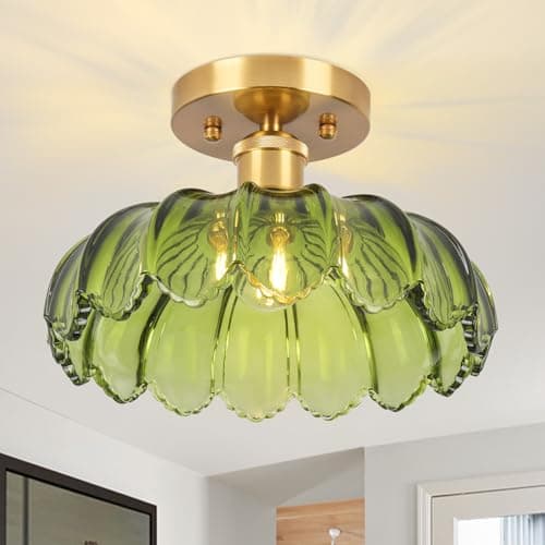 Image of Vintage Chandeliers ceiling light, E27 25cm Semi Flush Retro Ceiling lamp with Green Glass shade Vintage Ceiling Light Fixture for Hallway Bedroom Kitchen Dining Room Living Room - Bulb not Included