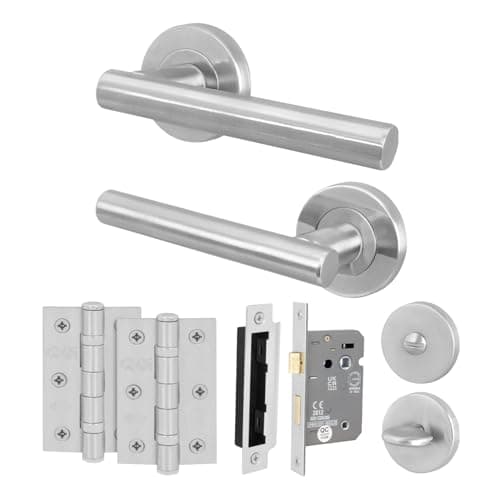 Image of EAI Bathroom Door Handle Set | Round T-Bar Internal Door Handles, Thumb Turn & Release Set, Lock & Hinges (76mm) | Oliena Range