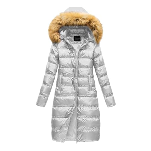 Image of Beokeuioe Quilted Coat Long with Removable Hood and Faux Fur Collar Padded Down Coat Puffer Jacket Women's Winter Coat Warm Quilted Jacket Down Jacket Outdoor Jacket Outerwear, silver, L