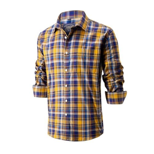 Image of Lonvera1840 Men’s 100% Cotton Plaid Shirt, Long Sleeve Regular Fit with Pocket, Classic Tartan Check, Smart Casual Shirt for Work & Weekend, S–4XL (Yellow)