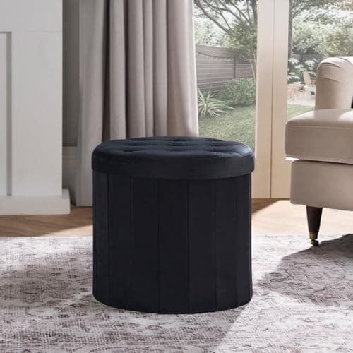 Image of OHS Black Round Ottoman Storage Box Matte Velvet, Upholstered Storage Ottoman Footrest with Hidden Storage & Lid For Living Room Bedroom or Entryway, One Size