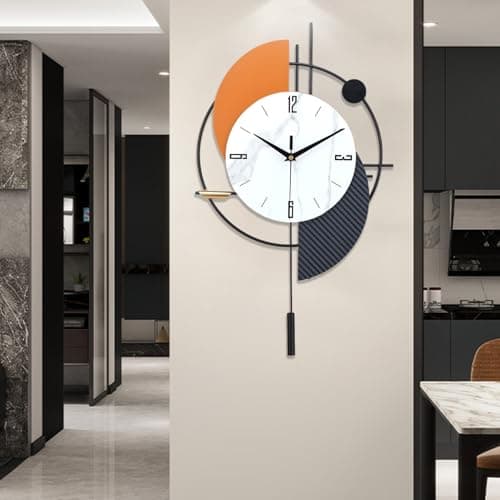 Image of Coslife Large Decorative Wall Clock with Pendulum for Living Room, Metal Hands, Orange Accent White Dial, Silent Metal Wall Clock for Living Room, Bedroom, Study, Office (Black15.7 * 12in)