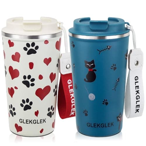 Image of GLEKGLEK Travel Coffee Mugs 500ml, Double Walled Insulated Drink Cup 2 Pack, Cat and Dog Print for Him Her