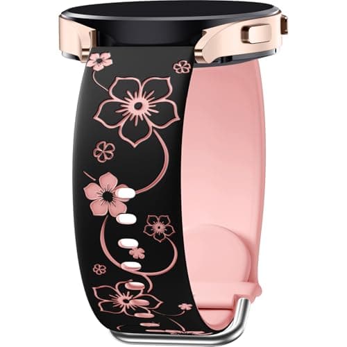 Image of Mastten 20mm Flowers Engraved Strap Compatible with Samsung Galaxy Watch 7 6 5 4 Strap 40mm 44mm, Galaxy Watch FE / 6 4 Classic / 5 Pro/Watch 3 41mm / Active 2, Soft Silicone Sport Band for Women