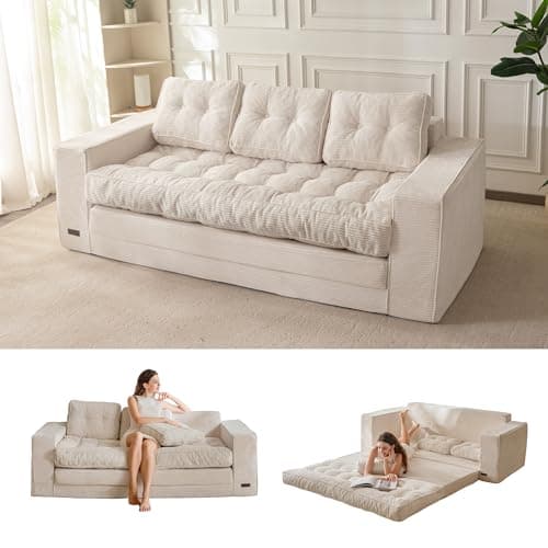 Image of MAXYOYO Sofa Bed, 3 Seater Pull Out Sleeper Sofa with 2 Pillows, 2 in 1 Comfy Corduroy Convertable 3 Seater Couch,Folding Couch Bed 190x85CM, 15cm Thincken Mattress for Living Room