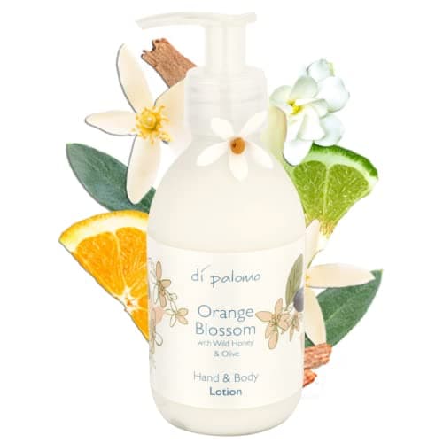 Image of Di Palomo Orange Blossom & Honey Hand & Body Lotion -240ml. Moisturising body cream and hand cream for very dry hands packed hand and body lotion moisturiser for hands and body with nail care
