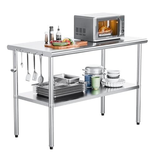 Image of ROVSUN Upgraded Stainless Steel Commercial Kitchen Prep & Work Table, 120x60CM Heavy Duty Workbench Garage Worktable with Adjustable Height Under Shelf for Restaurant, Home, Hotel