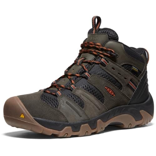 Image of KEEN Men's Headout Mid Height Waterproof All Terrain Hiking Boots, Black Olive/Fossil Orange, 11