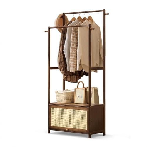 Image of VAVVIP Heavy Duty Bamboo Clothes Rail with Rattan Storage Cabinet, Freestanding Garment Rack with 2-Tier Shoe Cupboard, Top Shelf & Side Hooks, Scandi Style Open Wardrobe for Bedroom,