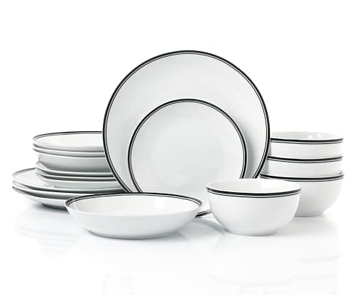 Image of Waterside 16pc St Ives Stripe Porcelain Dinner Set - Black Rings; 4 Dinner Plates, Side Plates, Deep Bowls and Shallow Bowls - Dishwasher & Microwave Safe