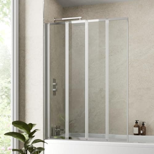 Image of Luxura® 4 Panel 1000 x 1400mm Chrome Framed Over Bath Shower Screen for Bathroom 4mm Clear Toughened Safety Glass Panel 180° Pivot Folding Hinged Splash Guard Panels & Screens for Baths Reversible