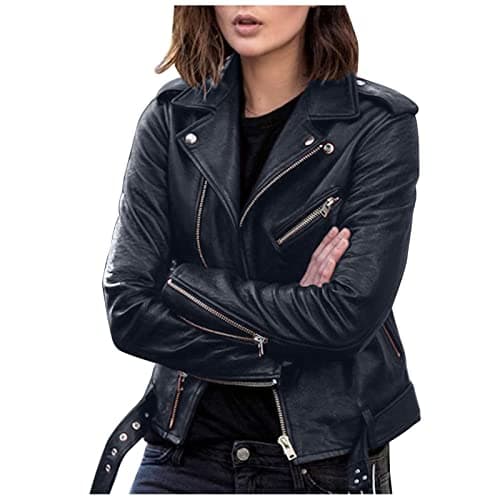 Image of EMUKFD Women's Leather Jackets Faux Motorcycle Plus Size Moto Biker Coat Short Lightweight Vegan Pleather Fashion Slim Fitted Outwear with Zip Up Pockets