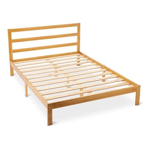 Image of Amazon Basics Double Bed Frame with Headboard, Solid Pine Wood with Bed Slats, 135 x 190 cm, Double, Oak Finish