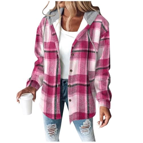 Image of Women's Flannel Jackets Plaid Tartan Check Shirts Hoodies Winter Shacket Coat Long Sleeve Button Down Outdoor Patchwork Wool Blend Autumn Winter Outfits Ladies Lumberjack Jackets