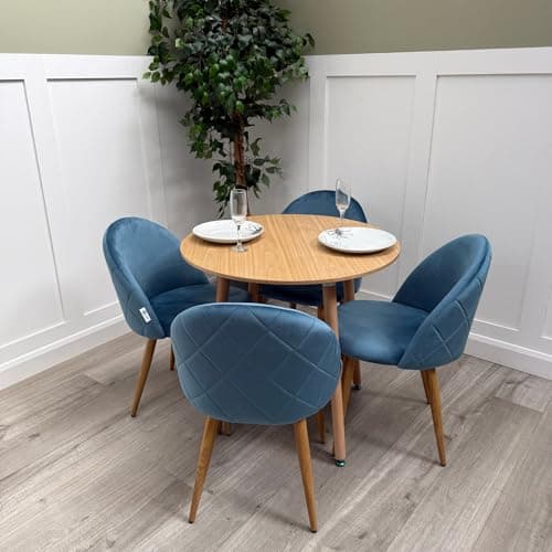 Image of Life Interiors Lucia Dining Set with Round Table and Set of 4 Lucia Velvet Dining Chairs - oak table blue chairs