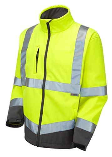 Image of Leo Workwear Buckland SJ01 Stretch Polyester Twill with Internal Micro-Fleece Hi VIS Softshell Jacket, Large, Hi VIS Yellow