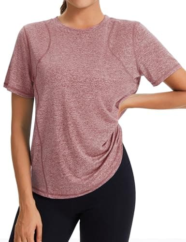 Image of Gyabnw Women's Gym Tops Crew Neck Short Sleeve Quick Dry Workout Shirts Lightweight Breathable Mesh Fitness T-Shirts Activewear for Women Pink