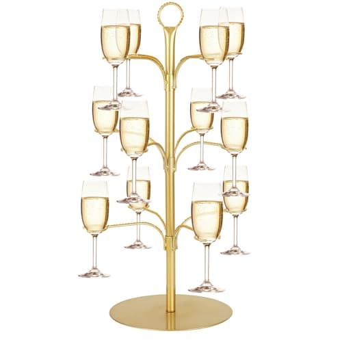Image of Cocktail Tree Stand for Party, Metal Drink Tower with 3 Tier 12 Holders, Bar Drinks Tree Display Wine Glasses Holder Suitable for Champagne Cocktails Martini at Christmas Weddings Bridal Shower (Gold)