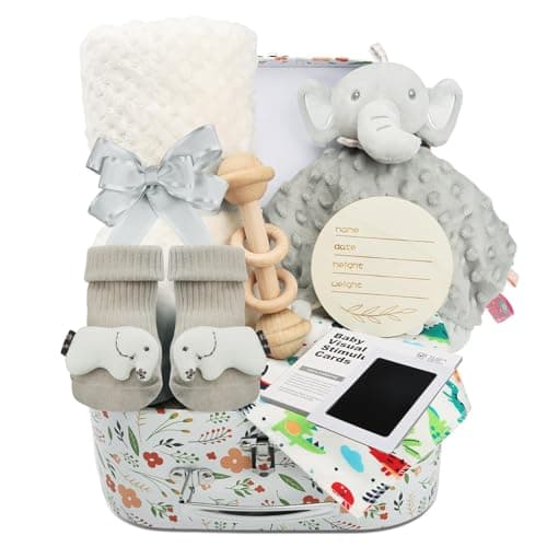 Image of Palotix Newborn Baby Girl Gift Hamper Set: Newborn Essentials with Elephant Comforter Blanket, Wooden Rattle, Bib, Socks & Ink Pad in a Blue Keepsake Box - Baby Shower Gift for New Arrival