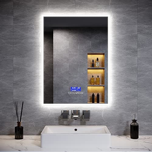 Image of ELEGANT Backlit LED Bathroom Mirror with Shaver Socket and Bluetooth Speakers, Illuminated Bathroom Vanity Mirror with Dimmable Brightness | Sensor Touch | Demister Pad | 800x600mm LED Smart Mirror
