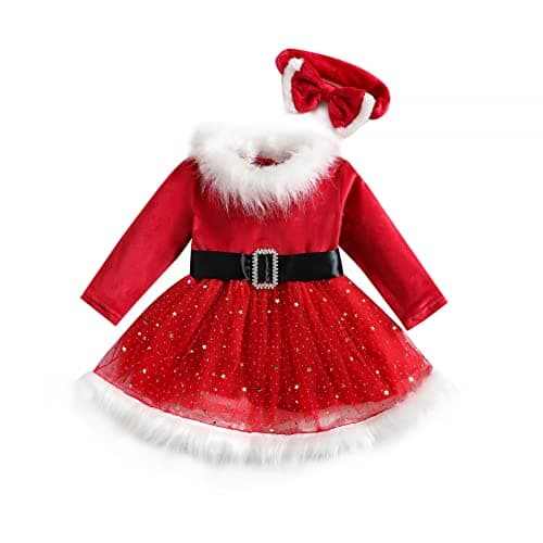 Image of Nicoxijia Toddler Baby Girl Christmas Dress Long Sleeve Santa Claus Red Velvet Dress with Headband Outfit Infant Xmas Clothes (I-Red, 6-12 Months)