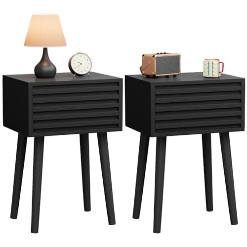 Image of YMYNY Fluted Nightstand Set of 2, Small Bedside Table, Mid-Century Modern End Table, Push-to-Open Door, Solid Wood Legs, 35x27x53 cm, for Living Room, Bedroom, Black HST018B-2