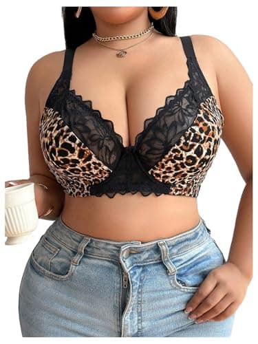 Image of GORGLITTER Women's Leopard Print Push Up Wireless Bras Plus Size Medium Support Sexy Lace Bralettes Brown 38D