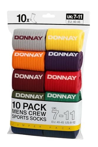 Image of JOKOLO Donnay Men’s Crew Sports Socks 10 Pack (UK 7–11 | EU 40–45 | US 8–12) – Soft Cotton Blend, Ribbed Support, Reinforced Heel & Toe (UK, Numeric, 7, 11, Regular, Regular, Multicolour)