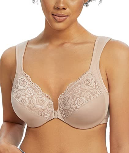 Image of Lemorosy Wide Strap Front Closure Bra Lace Full Figure Underwire(Beige Wide Strap,38DD)