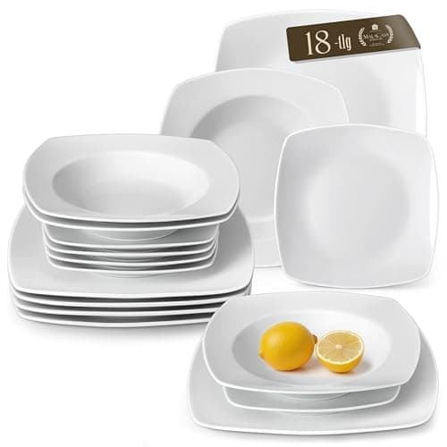 Image of MALACASA 18-Piece Julia Square Dinner Sets for 6 People, Ivory White Porcelain Plates and Bowls Set with Dinner Plates/Dessert Plates/Soup Bowls, Dishwasher & Microwave Safe, Scratch Resistant