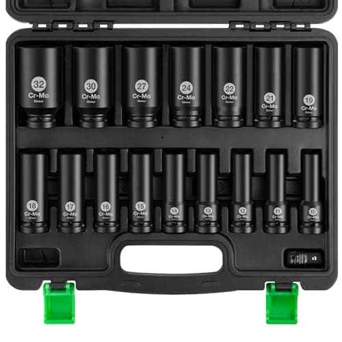 Image of Ginour Impact Socket Set 1/2 Inch, 17PCs Drive Master Deep Impact Socket Set 10mm - 32mm, Metric, Cr-Mo, 6 Point, with 3/8'' to 1/2'' Adapter