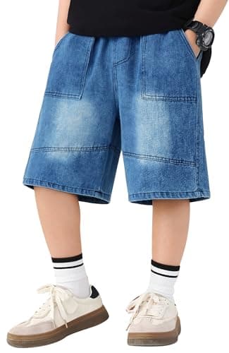 Image of SEAUR Jorts for Boys Teen Long Shorts Denim High Waist Bermuda Shorts Wide Leg Half Pants Y2K Baggy Streetwear 13-14 Years Deep Blue