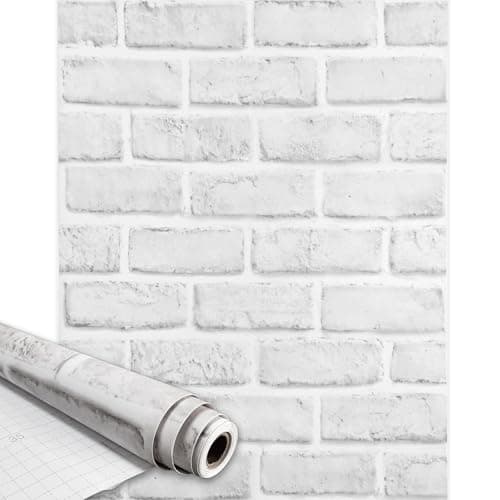 Image of Qenlup Grey White Brick Wallpaper 44.5x300cm Self Adhesive Wallpapers 3D Sticky Back Peel and Stick Brick Effect Wall Paper for Living Room Bathroom Kitchen