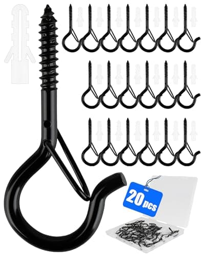 Image of Acual Screw in Hooks, 20 Pack Heavy Duty Screw Hooks with Safety Buckle, Metal Wall & Ceiling Hooks for Hanging Plants, Bird Houses, Wind Chimes, String Lights, Black