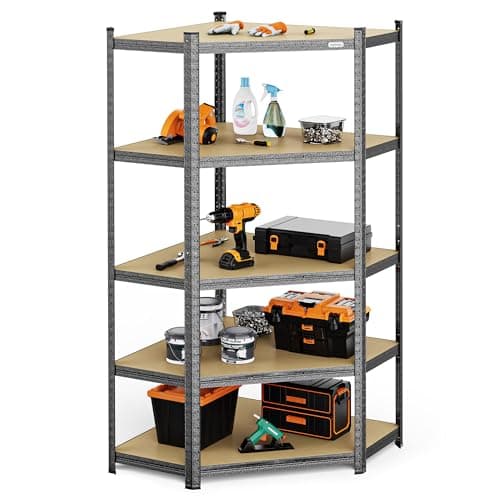 Image of VonHaus Corner Garage Shelving Unit - 1.8m Heavy Duty Racking for Home, Office, Shed and Garage Storage - 5-Tier Hammered Grey Shelving Units with 875Kg Total Capacity - 175kg Capacity Per Shelf