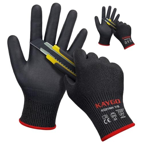 Image of KAYGO Cut Resistant Work Gloves - 2 Pairs, Level C Protection, MicroFoam Nitrile Coated Good Grip Machine Washable, Cut Proof Safety Gloves EN388 4X42C, Ideal for Construction DIY, KG21N (Black, S)
