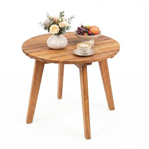 Image of COSTWAY Round Garden Side Table, Solid Acacia Wood Small Patio Coffee Table with Slatted Top, Indoor Outdoor End Bistro Snack Tea Tables for Balcony, Backyard, Porch and Poolside, 43x43x35cm, Natural