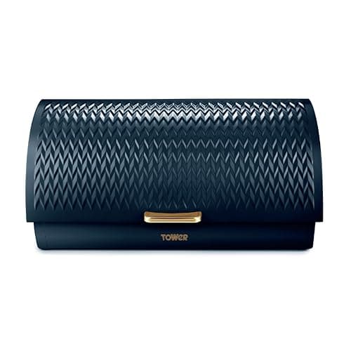 Image of Tower Empire Roll Top Bread Bin, Stainless Steel, Midnight Blue and Brass