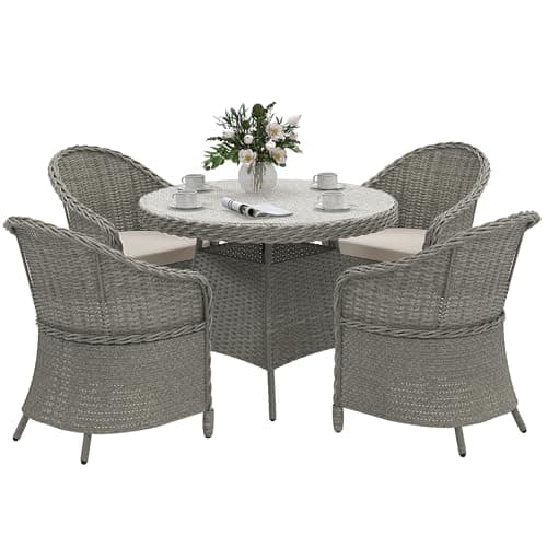 Image of Outsunny 4 Seater Rattan Garden Furniture Set with Cushions, Round PE Rattan Dining Set with Glass-Top Table, Umbrella Hole, Outdoor Garden Table and Chairs, Grey