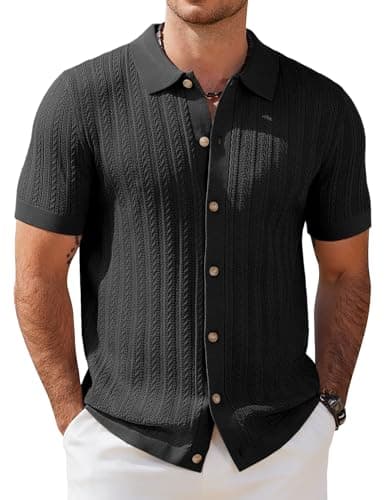 Image of COOFANDY Men's Short Sleeve Knitted Polo Shirts Stretch Cable Knit Full Button Golf Shirt Polo T-Shirt Black 2XL