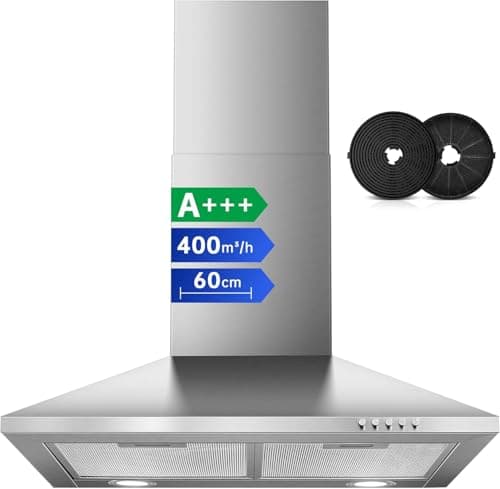 Image of SNDOAS Cooker Hood 60cm, 400m³/h Stainless Steel Chimney Extractor Hood, A+++, 3-Speed Extractor Fan for Kitchen with Carbon Filters, Recirculating & Ducting Wall Mounted Range Hood