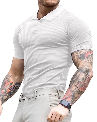 Image of Lehmanlin Men's Muscle Polo Shirts Short Sleeve Casual T- Shirts Slim Fit Stretch Ribbed Golf Tops（White/L）