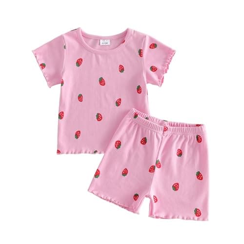 Image of XIXIMAON Toddler Baby Girls Summer Clothes Strawberry Print Crewneck Short Sleeve T-Shirt Tops Shorts Set 2 Piece Cotton Infant Girl Outfits Set (Pink, 2-3T)