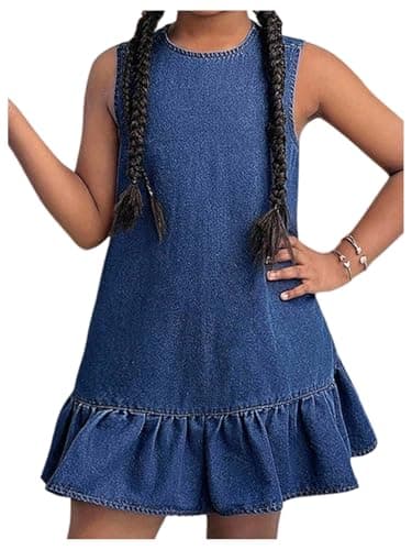 Image of GORGLITTER Girl's Summer Denim Dresses Sleeveless Crewneck Button Back A Line Ruffle Short Jeans Dress Dark Wash 8Y