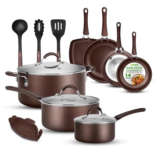 Image of NutriChef Stackable Pots and Pans Set - Ceramic Non Stick Pan Set, Induction Hob Cookware Set, Premium Cooking Set w/Lids, Heat Resistant, 14 Pcs, Brown
